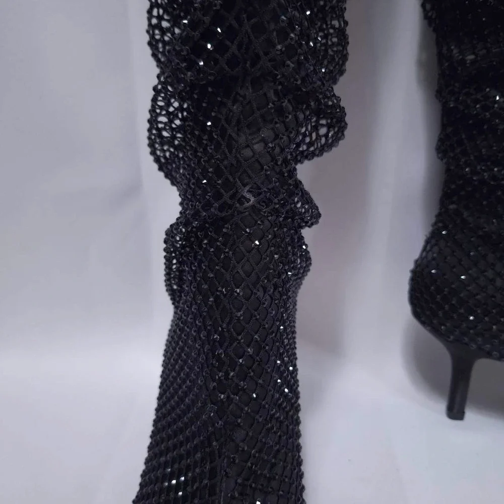 Madden Girl Sashaa Slouchy Over Knee Boot‎ Sz 6.5 Rhinestones Stilettos Fishnet